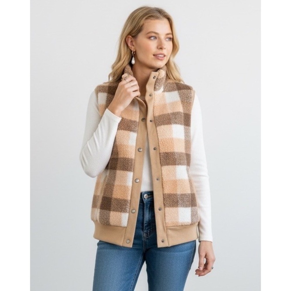 Umgee USA The Chloe Plaid Sherpa Vest Small S Brown Cream Fleece N8202 Boho Cozy